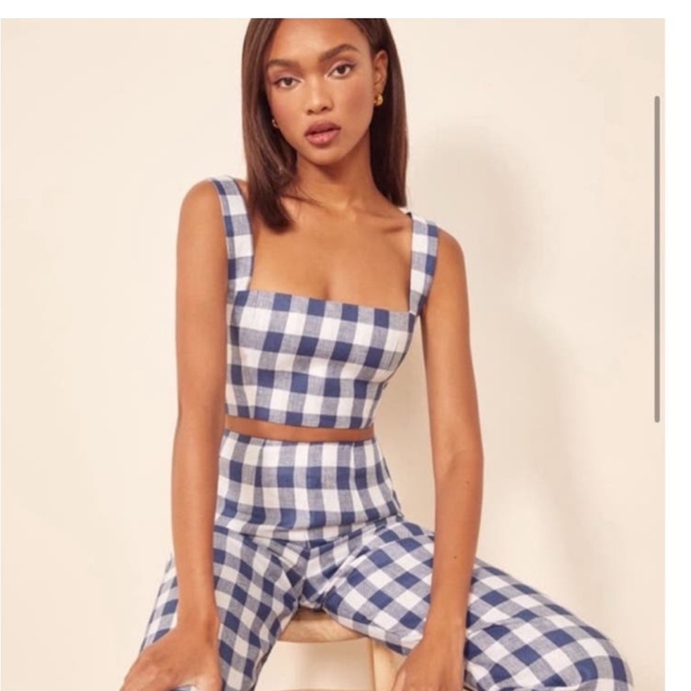 Reformation Mara Two Piece Set Checkered Linen Gingham Blue & White Size 4